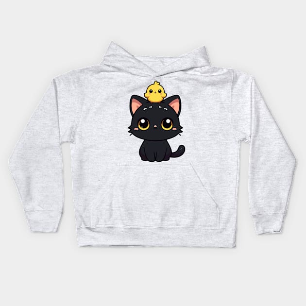 Cute Black Cat And Yellow Bird Kids Hoodie by TomFrontierArt